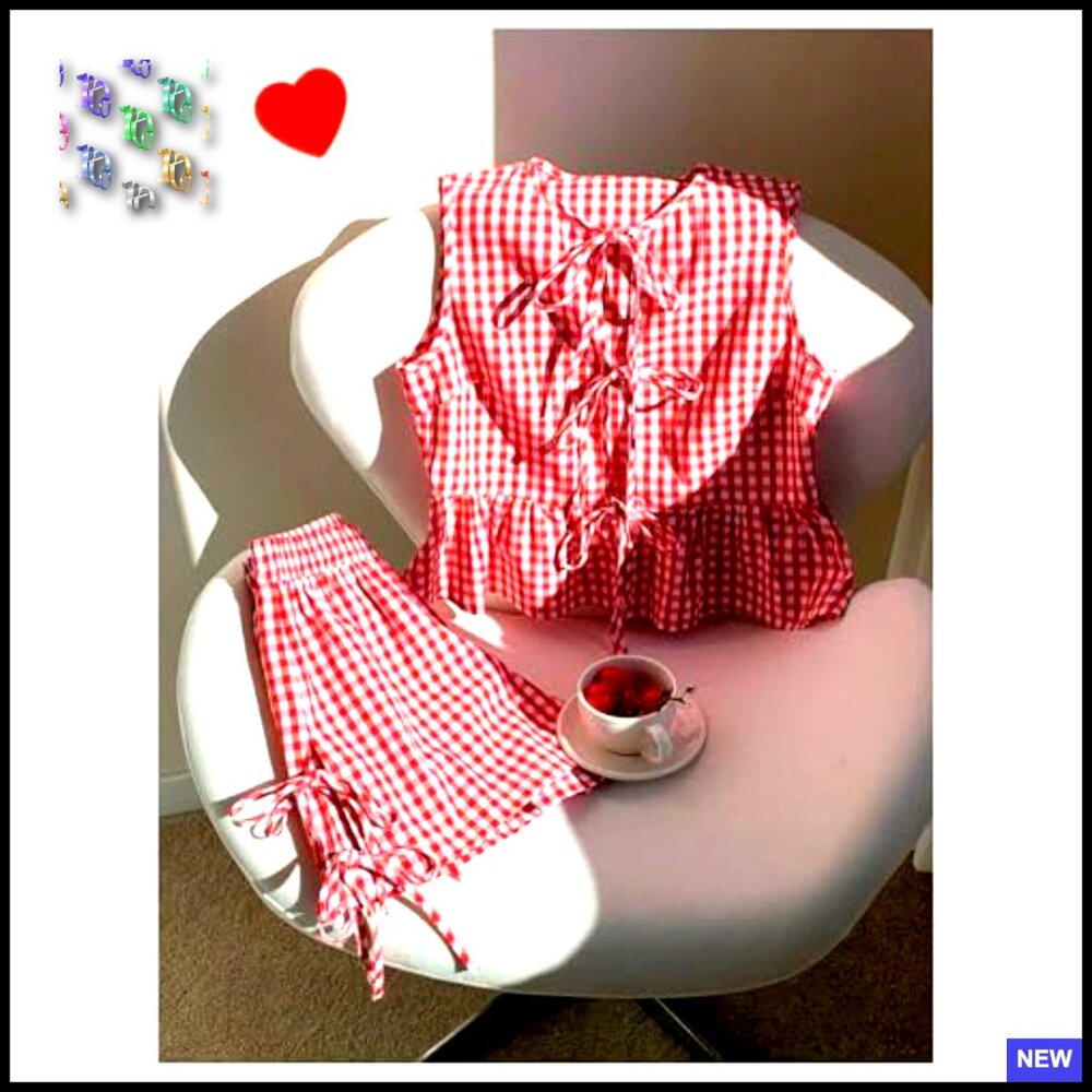Plaid Gingham Bow Tie Front Ruffle Tank Top Wide Leg Shorts Set Summer - Picture 3 of 5